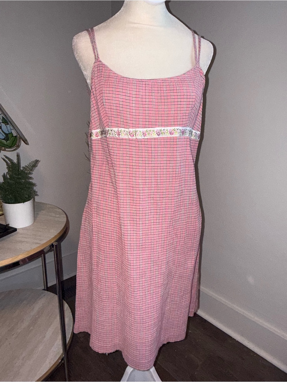 Rampage Pink Checked Midi Dress with Floral Trim